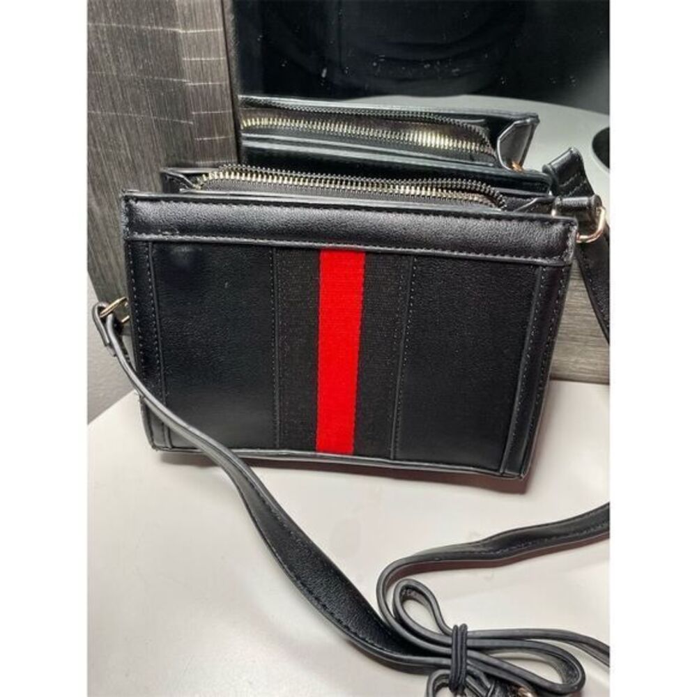 Unisex Black Leather Crossbody Bag w/ Red Stripe & Gold Hardware